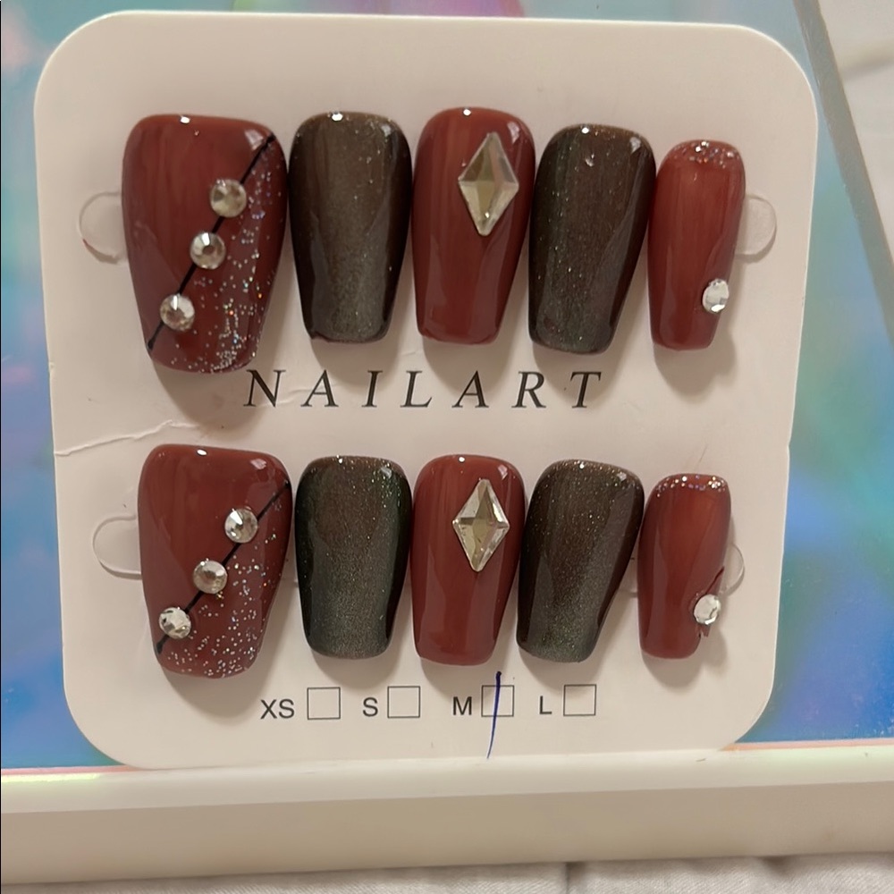 NAILA Red and Black Press-On Nails with Rhinestones